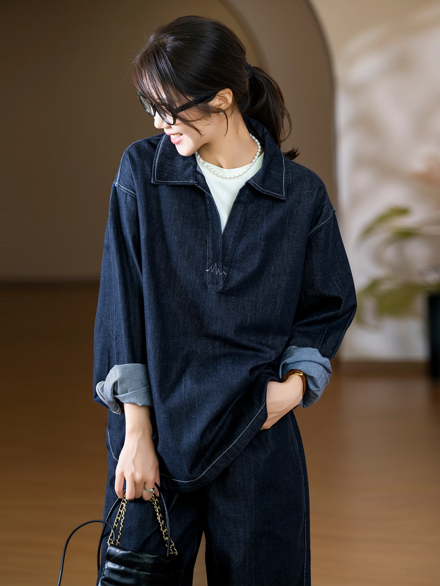 

Casual Long Sve Rigid Selv Cotton Dubill Collar Women's T-irt Breathable Loose Fit Comfortable Cotton Linen Blend