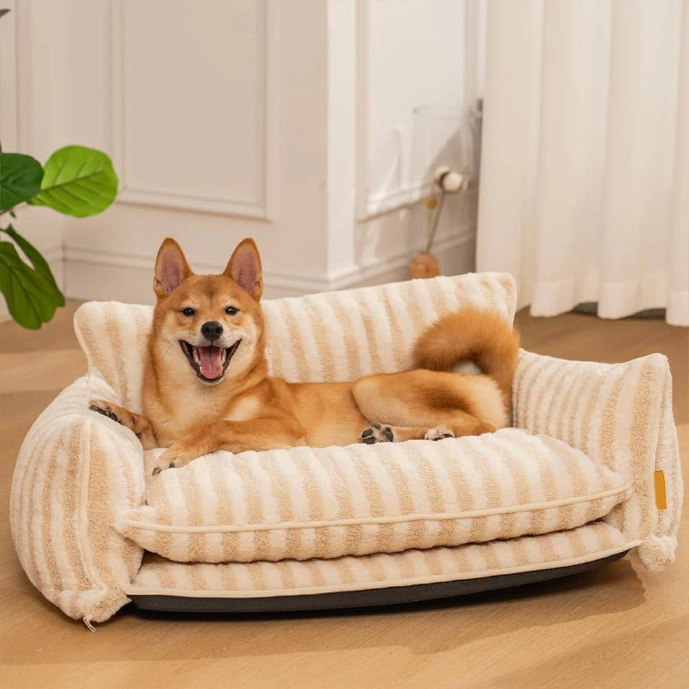 

Trendy Eco-Friendly & Breathable Double Layer Dog & Cat Sofa Bed Luxury Cat Products Custom LOGO Striped Lambswool Couch Bed