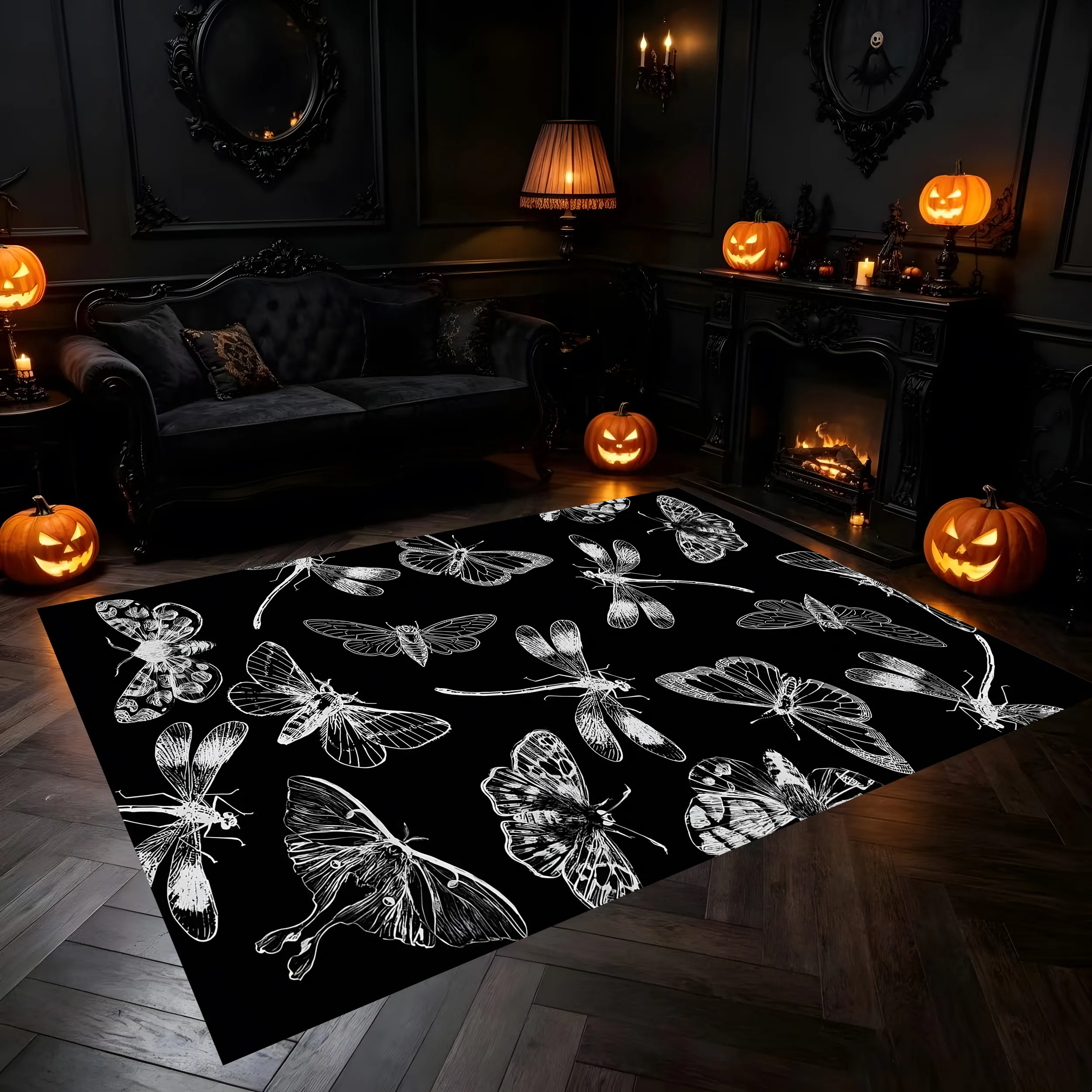 2D Large Carpet Black Background Silver White Butterfly Moth Dark Retro for Living Room Bedroom Bedside