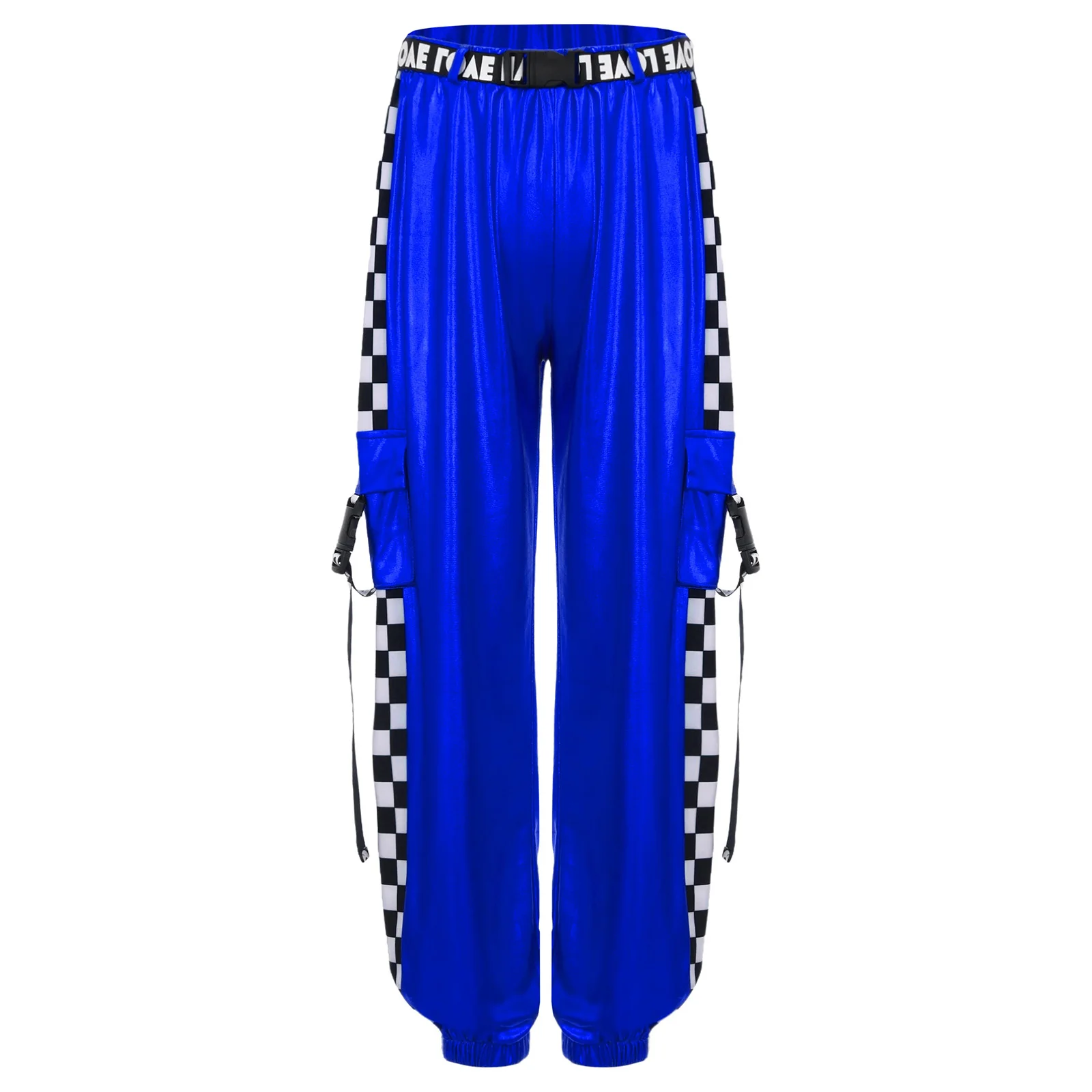 

Kids Girls Hip Hop Street Dance Outfit Jazz Checkered Costume Metallic Gloss Elastic Waistband Pants with Buckle Waist Belt