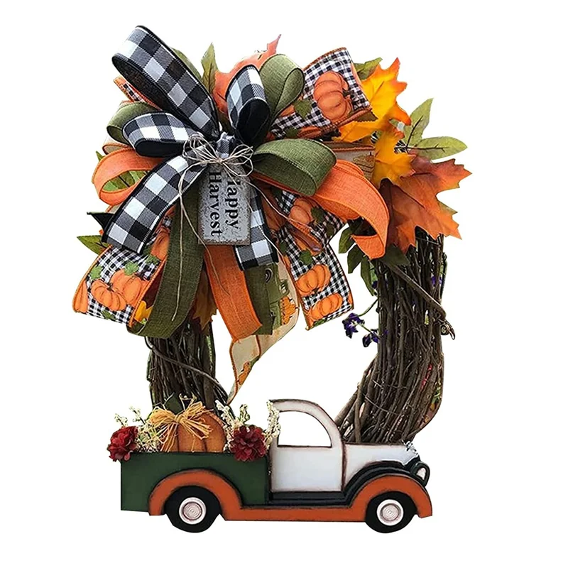 

Halloween Wreath Wooden Pumpkin Truck Handmade, 30X30X4cm Autumn Harvest Vintage Farmhouse Thanksgiving Decorations