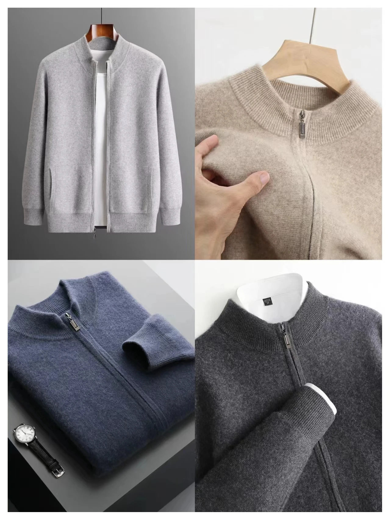 

ANGEL Men's Wool Zipper Cardigans Mock Neck Thick Sweater Coat Autumn Winter 100% Merino Wool Knitwear Soft Long Sleeve Tops