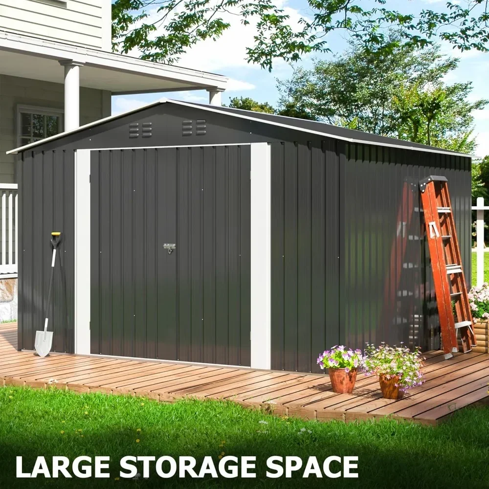 10x8 FT Metal Storage Shed, Large Outdoor Shed with Updated Frame Structure, Garden Tool Sheds for Backyard Patio Lawn, Grey