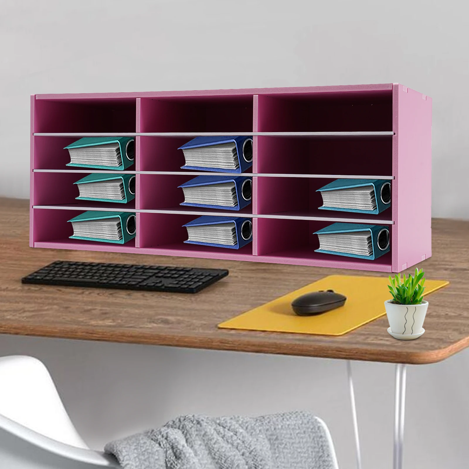 Pink 12-Slot Mail Sorter Organizer(Thickened Material&Rectangular Structure) - Stable Anti-Tipping&Top Platform, Stores Cables