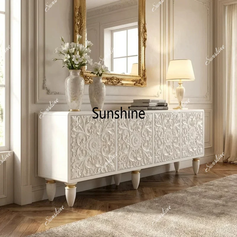 French cream style light luxury solid wood carving flower TV cabinet living room decoration storage, high sense