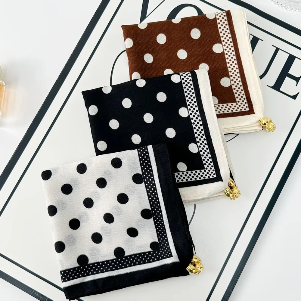 Women Fashion Luxury Polka Dot Print Magnetic Buckle Square Scarf Elegant Fashion Silk Bandana Wraps Shawl Neckerchief Hijab