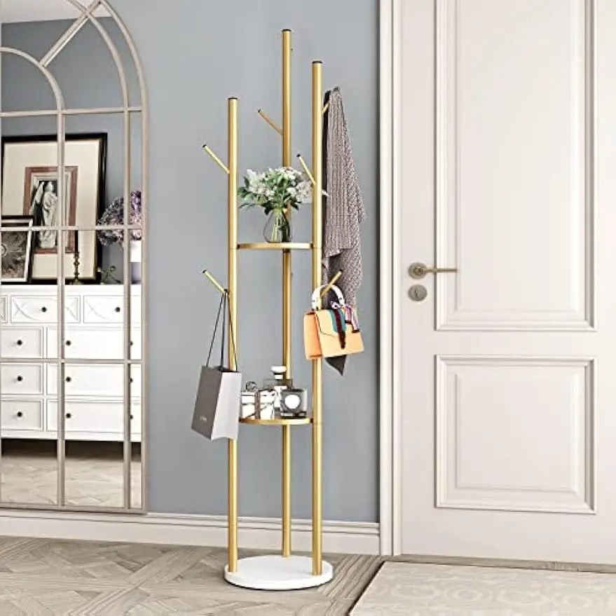 

Gold Metal Coat Rack with Double Shelves and 9 Hooks, Freestanding Hall Tree for Hats, Scarves, Bags