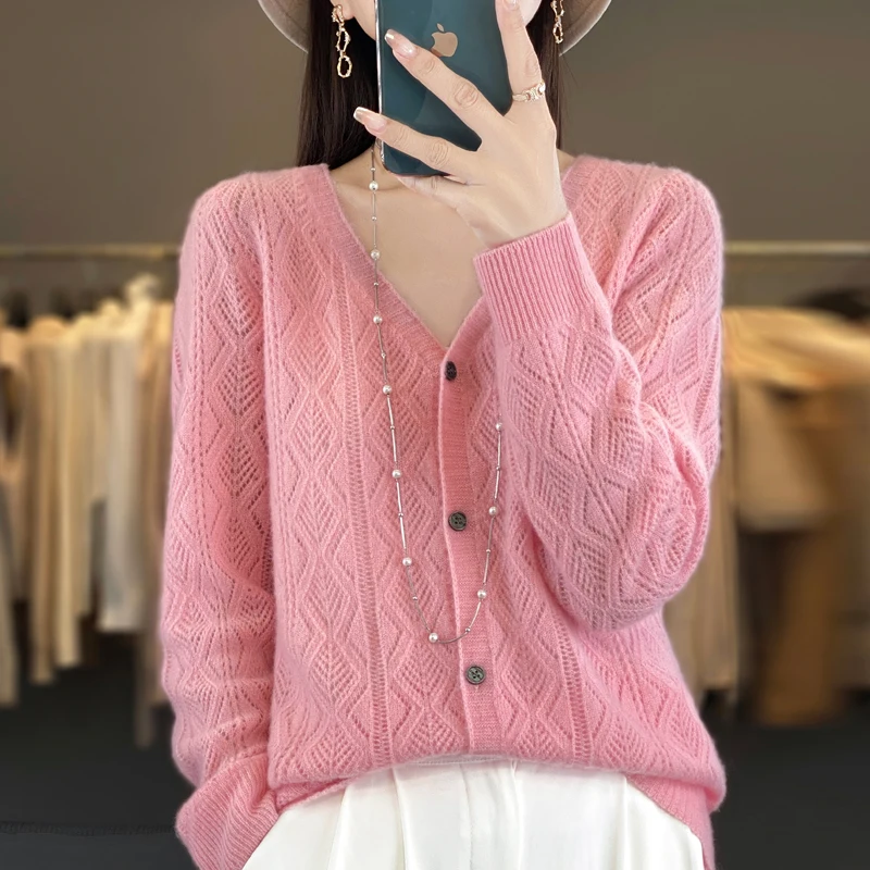 Women\'s V-Neck Spring and Autumn 100% Wool Cashmere Cardigan Women\'s Knit Sweater Super Soft Loose Large Size Long Sleeve Shirt