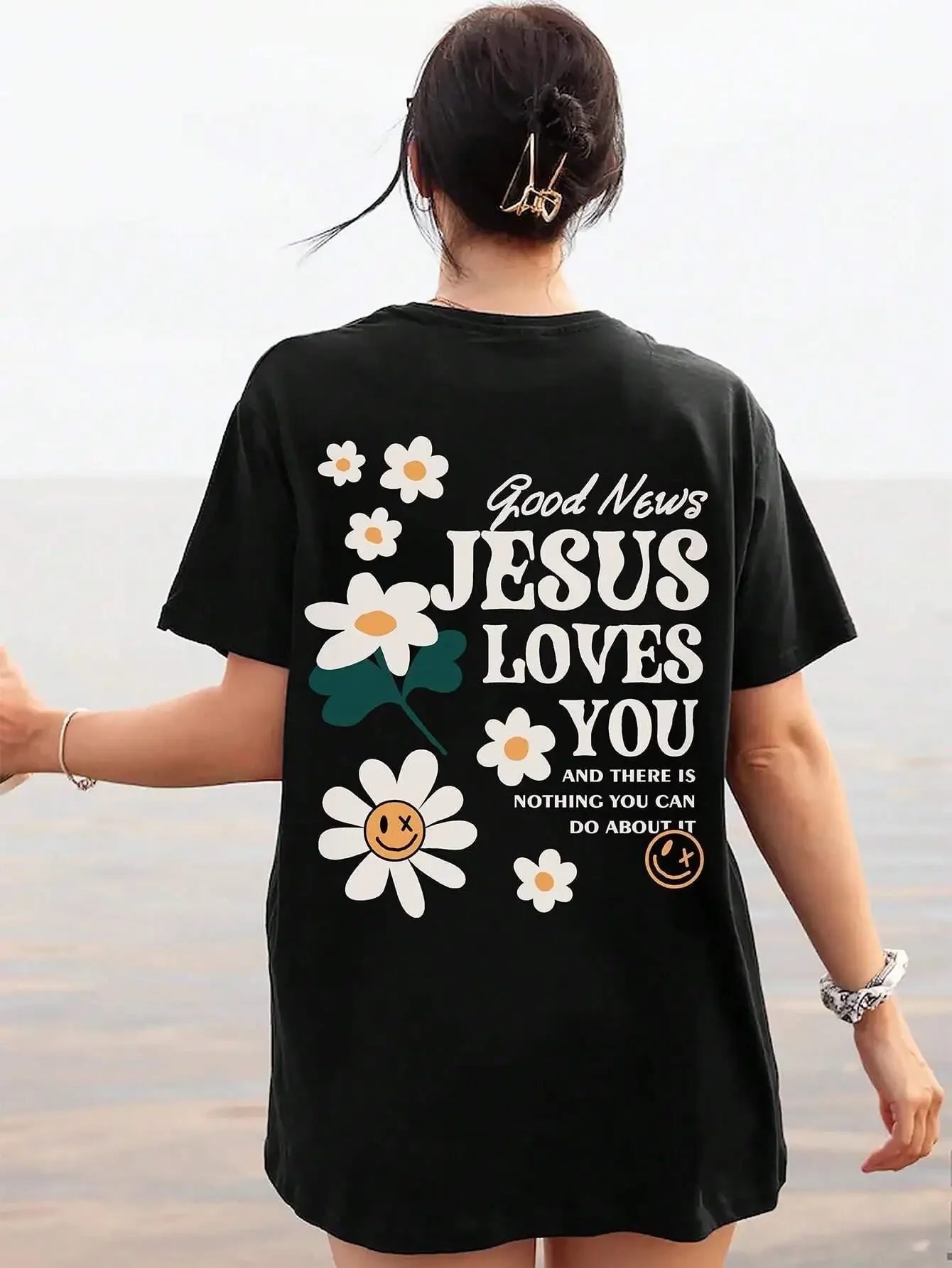 Good News Jesus Loves You Print Women T-Shirt Summer O-Neck T Shirts Basic All-Match Short Sleeve Breathable Comfortable Tops