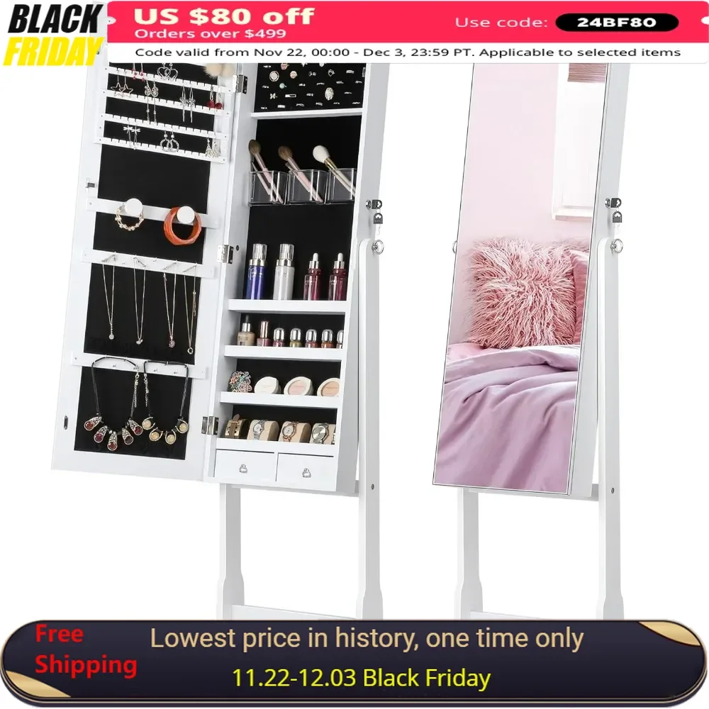 Jewelry Cabinet with Full-Length Mirror, Standing Lockable Jewelry Armoire Mirror Organizer, 3 Angel Adjustable, White