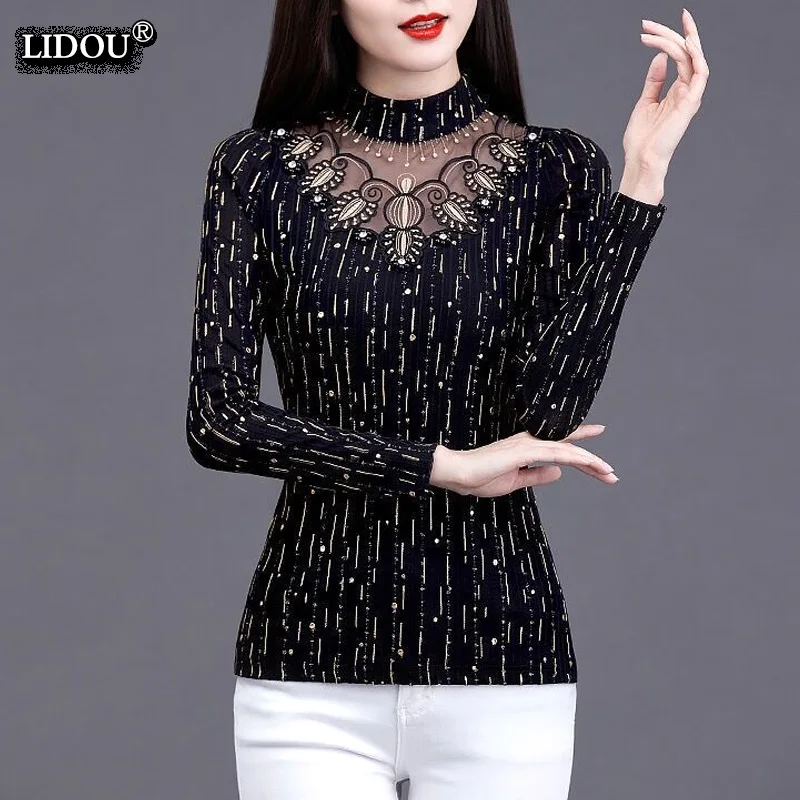 

Office Lady Skinny Long Sleeved Spring Autumn Hollow Out Polka Dot Retro Hot Selling Turtleneck T-shirts Women's Clothing 2022