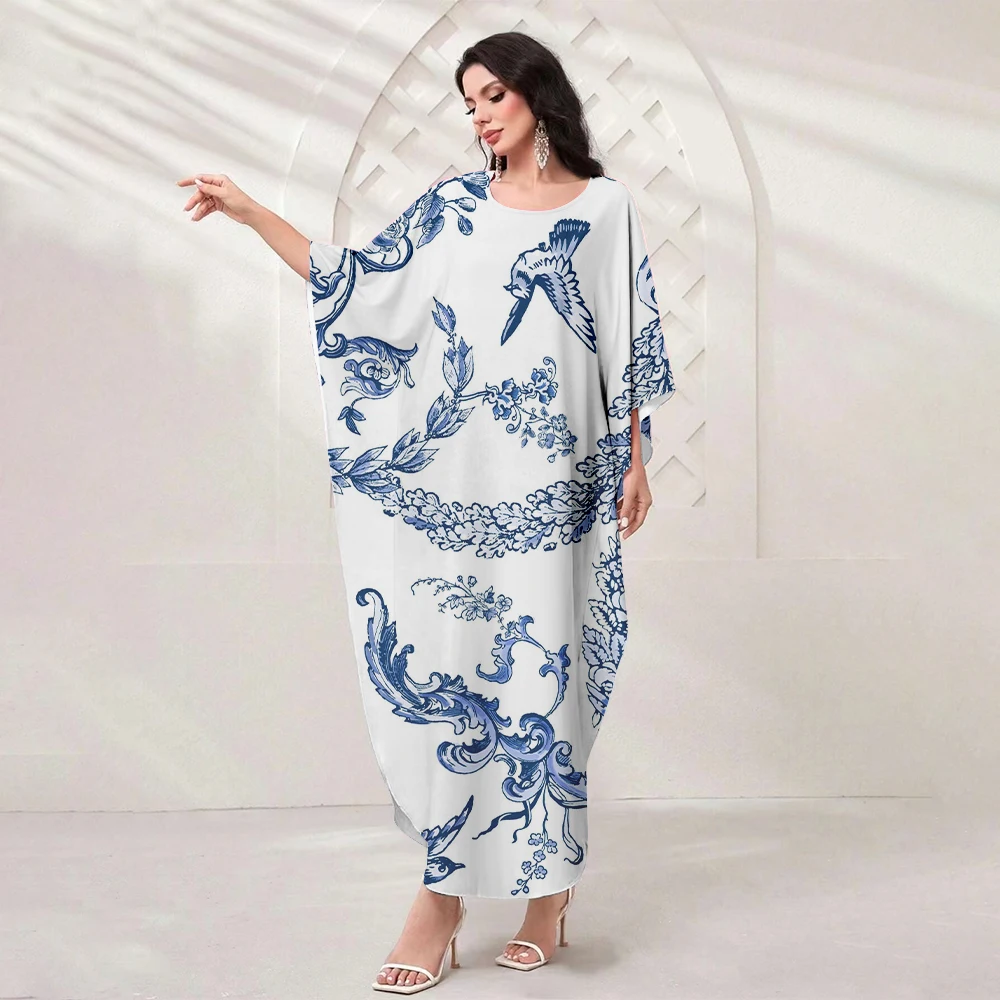 Muslim Batsleeve Party Dress Ladies Blue And White Porcelain Print Elegant Temperament Dress Islamic Summer Casual Loose Dress