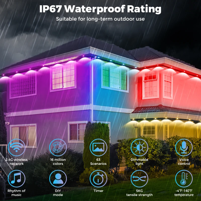 Permanent Outdoor Lights, 55ft RGB+IC 36 LED for Smart Rainbow LED Permanent Outdoor Light - TUYA Smart 51 Scenes Permanent