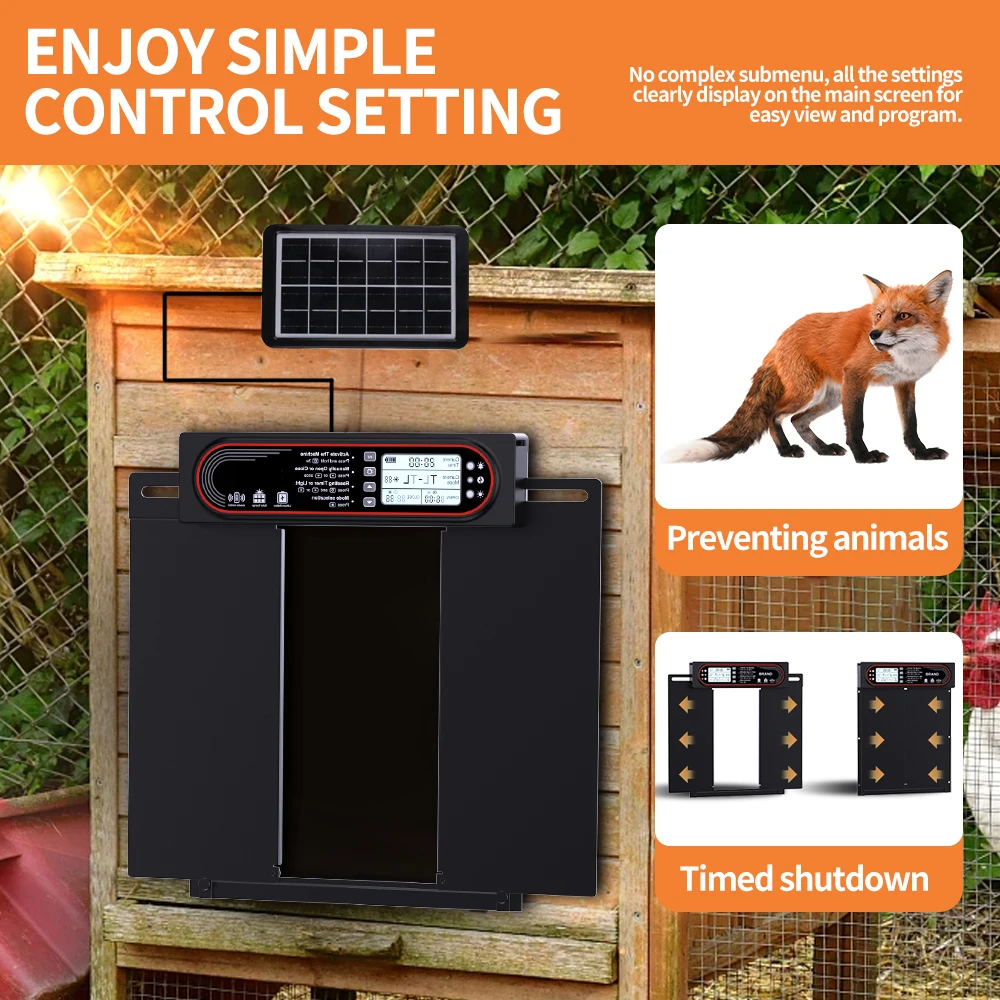 Automatic chicken coop door, anti pinch protection, large LCD display screen, timer and light sensor mode, solar powered automat