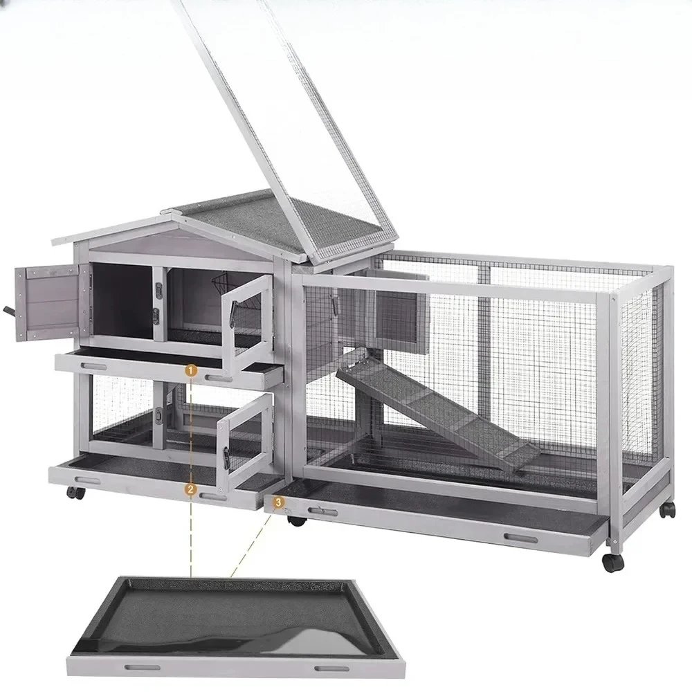 

#For Bunny Cage Indoor and Outdoor Rabbit Hutch with Casters Waterproof Roof, Pull Out Tray from Back and Front&