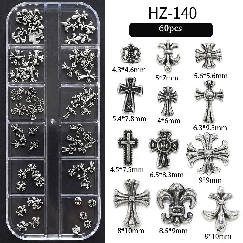 60 Stück/1 Box Retro Metall Kleine Kreuz-Nagelkunst-Anhänger Y2K Gothic Punk Stil Nageldekoration DIY Nagelzubehör Schmuck