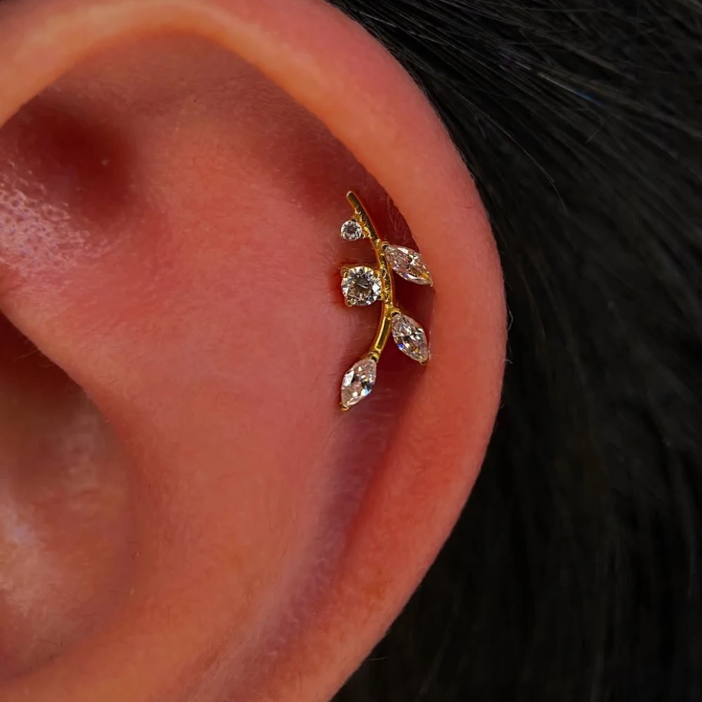 16G G23 Titanium Leaf Zircon Internal Thread Sparkly Branch Cartilage Piercing Jewelry Labret Lip Tragus Helix Conch Ear Stud