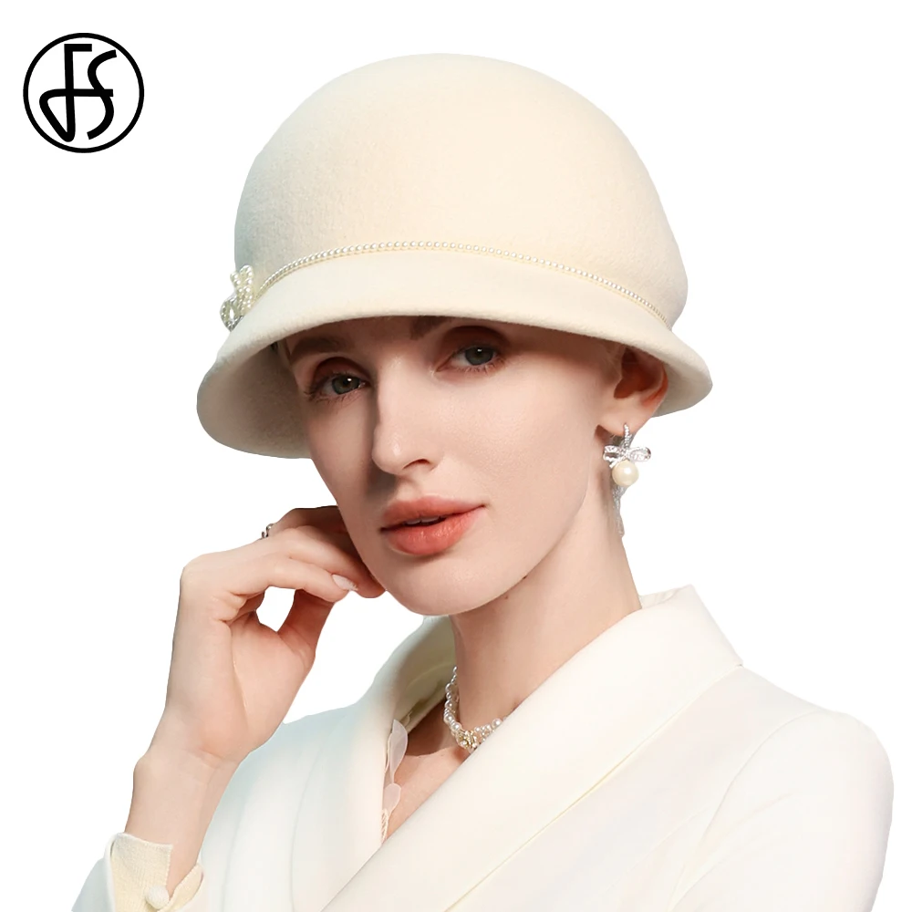 FS Elegant White Bowler Hats For Women With Chic Bowknot Wool Felt Cap Winter Fedoras Ladies Formal Dress Church Millinery 2025