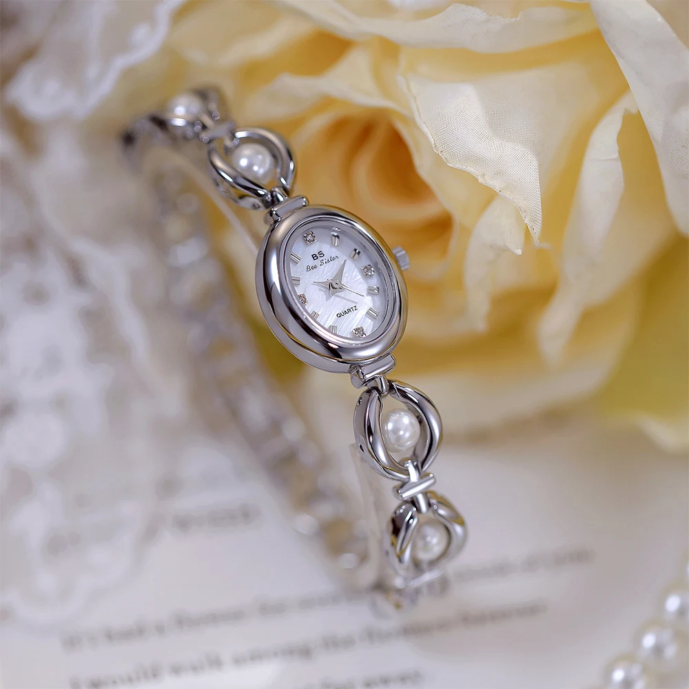 BS Bee Sister Luxury Vintage Temperament Ladies Watches Quartz Elegant Woman Wristwatch Pearl Small Chain Women's Watch