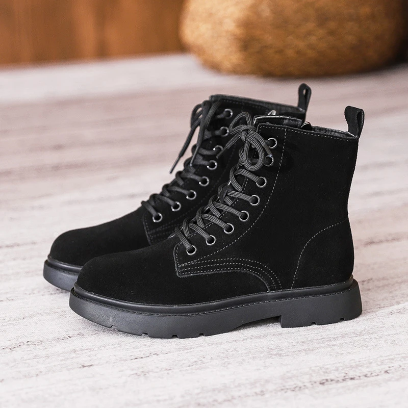 Womens Brown Suede Combat Boots Lace Up Round Toe Ankle Booties With Low Chunky Heel Comfortable Non Slip For Fall Winter Daily view 3