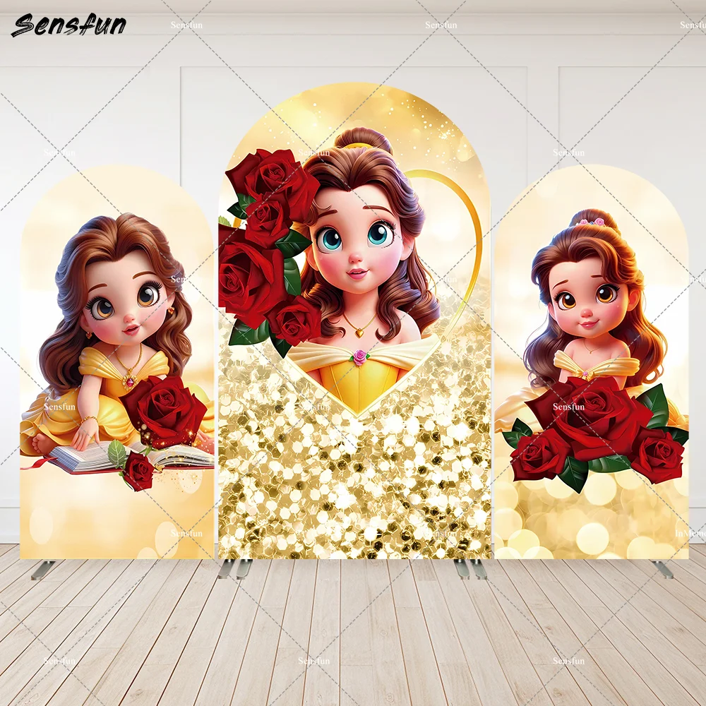 

Disney Baby Princess Belle Arch Backdrop Cover for Girls Birthday Party Supplies Decor Banner Red Rose Flower Newborn Background