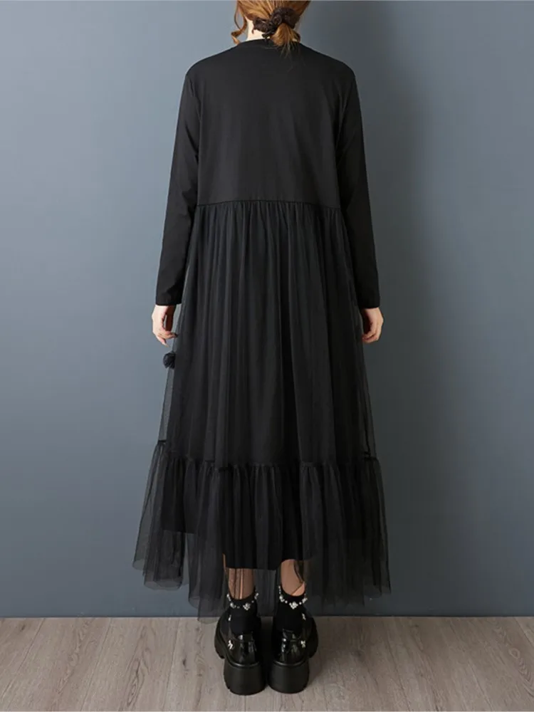 Oversized lente herfst jurk dames mesh patchwork geplooide mode dames lange jurken casual losse vrouw lange mouw jurk