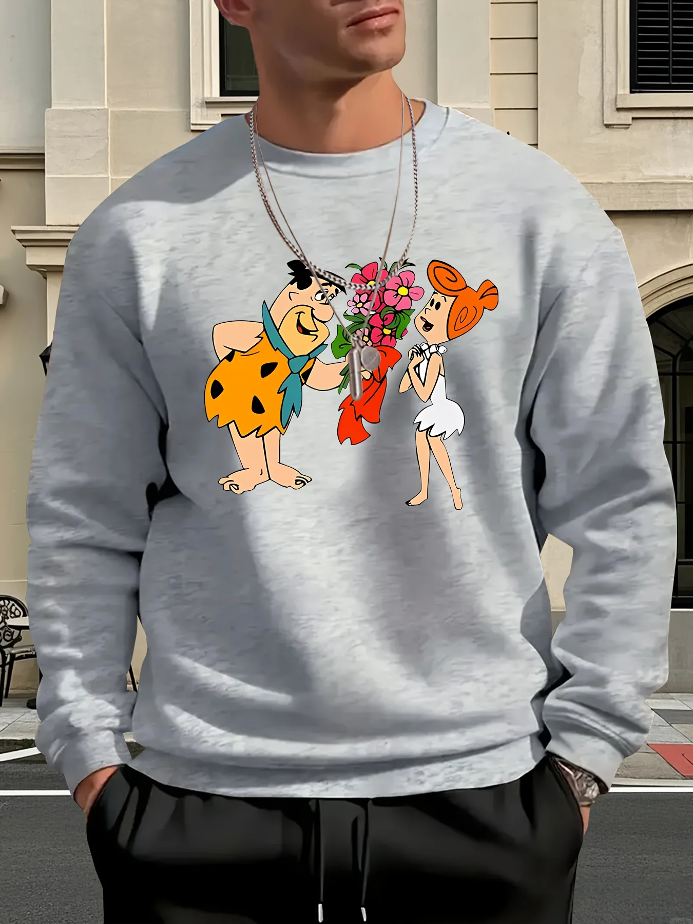 سويت شيرت رجالي برقبة دائرية وطبعة كرتونية كلاسيكية - بلوفر كاجوال مريح مع فريد فلينستون وبارني روبل #4