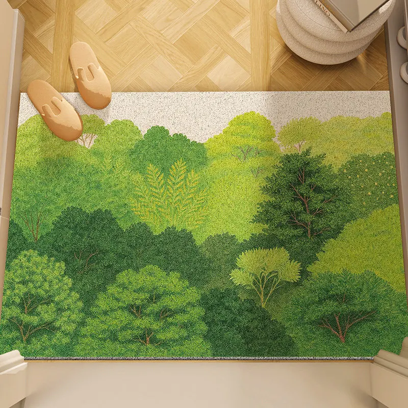 Green Forest Landscape PVC Coil Doormat Anti-slip Cuttable Thick Sand & Dirt Trapping Shoe Scraper Entrance Rug Decor Floor Mat