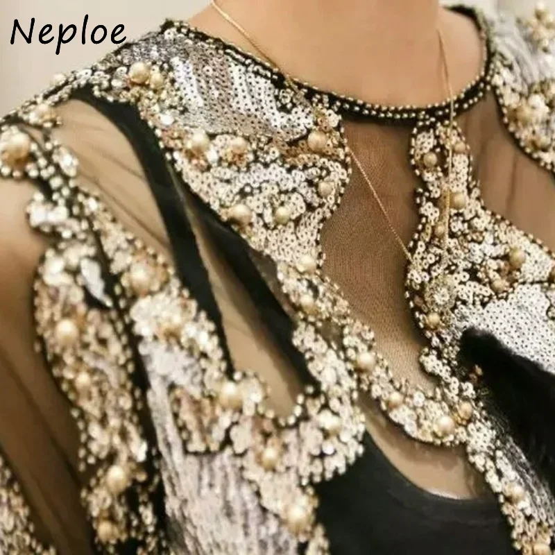 Neploe Heavy Beading Embroidery Ladies Tops Women Sequined Fashion Female Shirt Loose Long Sleeve O-Neck T-shirt Top Blusas