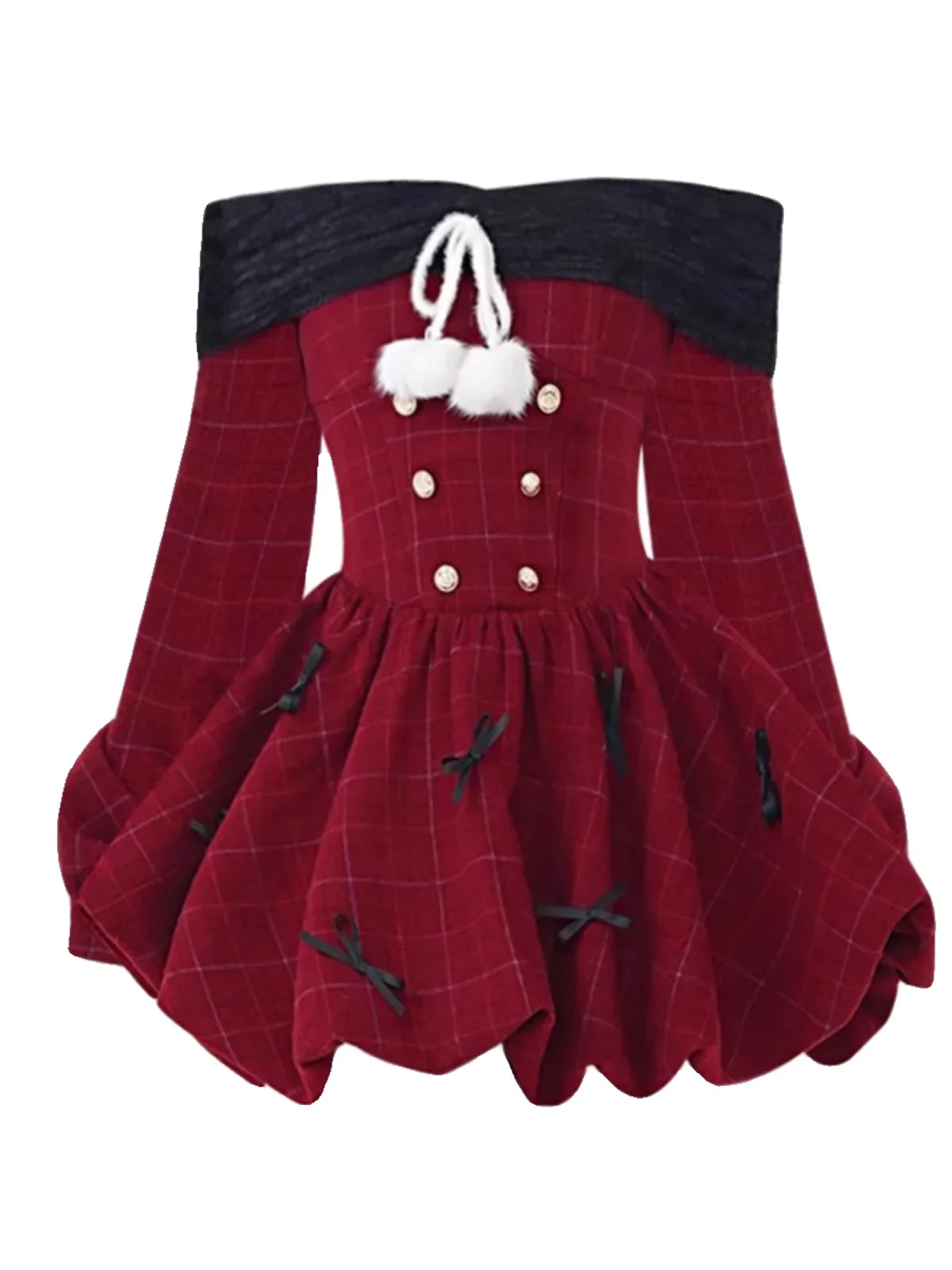 Hot Girl Pure Desire Style One-shoulder Long-sleeved Plaid Dresses Women's Autumn Winter Christmas Birthday Puffy Short Dress