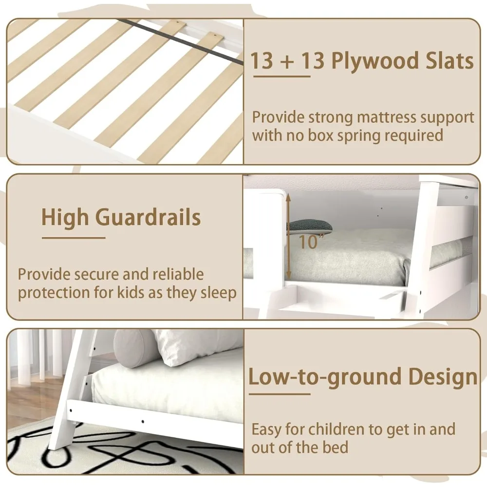سرير خشبي مزدوج فوق سرير بطابقين كامل مع سلم قابل للعكس، وإطار سرير بطابقين خشبي مع دعامة شرائح ودرابزين أمان،
