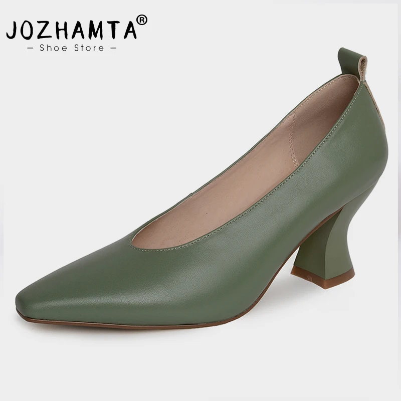 JOZHAMTA Women Vintage Pumps Genuine Leather Retro Chunky High Heels Shoes Classic Square Toe Office Lady Daily Dress Size 34-40