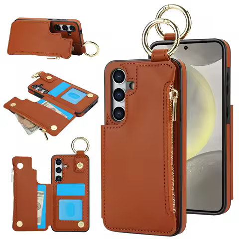 Zipper Cards Solt Leather Wallet Case For Samsung Galaxy A55 A15 A35 A25 A14 A54 S24 Ultra S23 Plus S22 S21 FE Ring Holder Bag