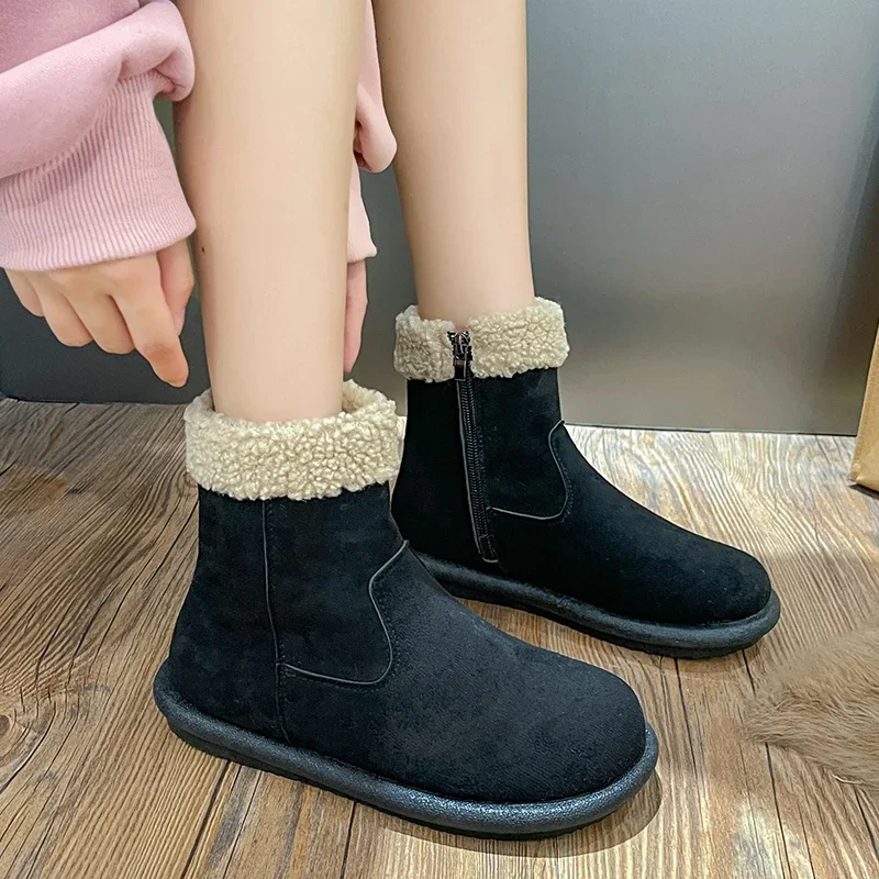 Women\'s Winter Keep Warm Ankle Boots 2024 Flat Heels Non Slip Snow Boots Woman Comfortable Cotton Padded Shoes Female