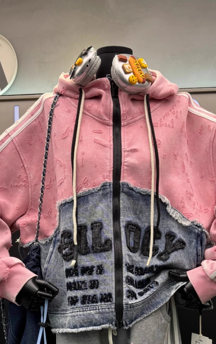 European Style Hoodies Women 2025 Autumn New Ripped Patchwork Denim Embroidered Cardigan Hooded Sweatshirt Jacket for Women