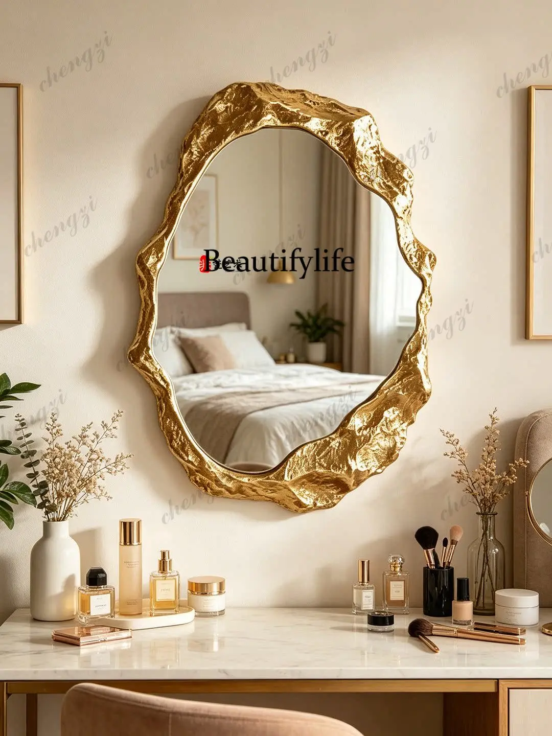 French light luxury irregular bathroom mirror wall-mounted toilet washstand makeup, American style, decorative mirror