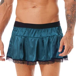 Mens Lace Trim Pleated Skirt Soft Breathable Nightwear Solid Color/Lips/Hearts/Polka Dot Printing Satin Miniskirt for Role Play
