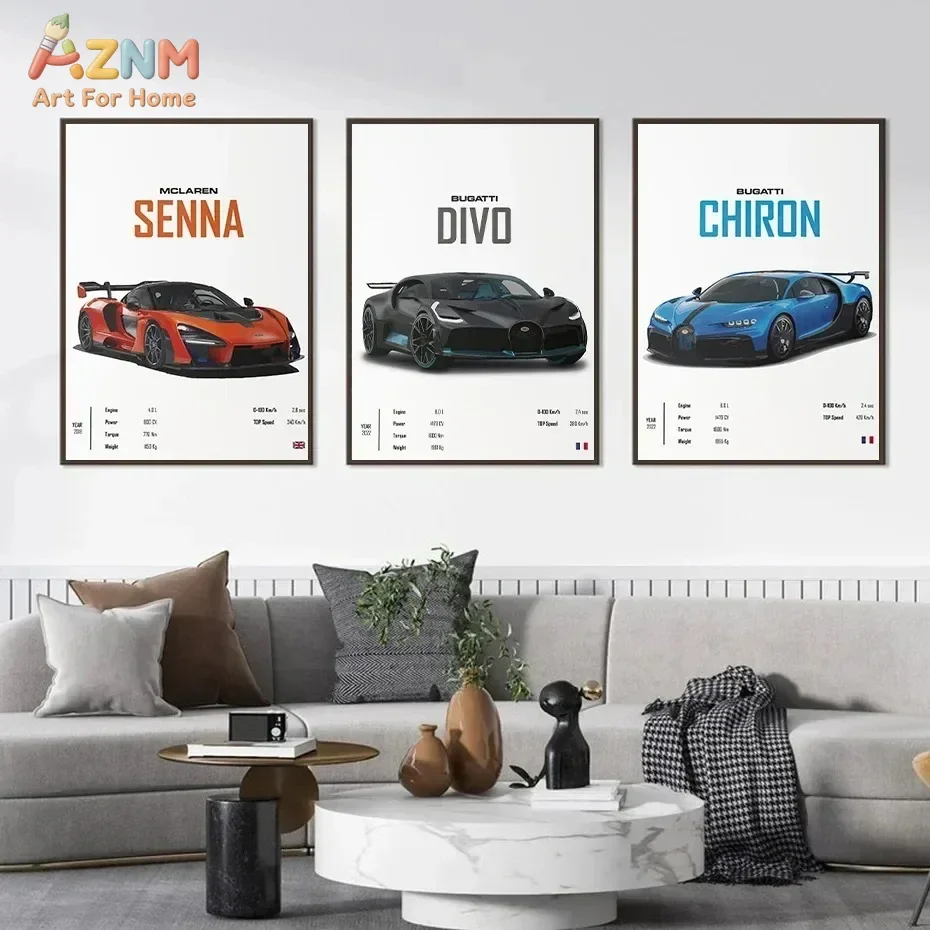 AZNM McLaren Senna Bugatti Divo Chiron Hypercar Lienzo Decorativo para Pared Sin Marco, Póster de Lujo de Superauto para Decoración de Garaje o Cuarto de Hombre