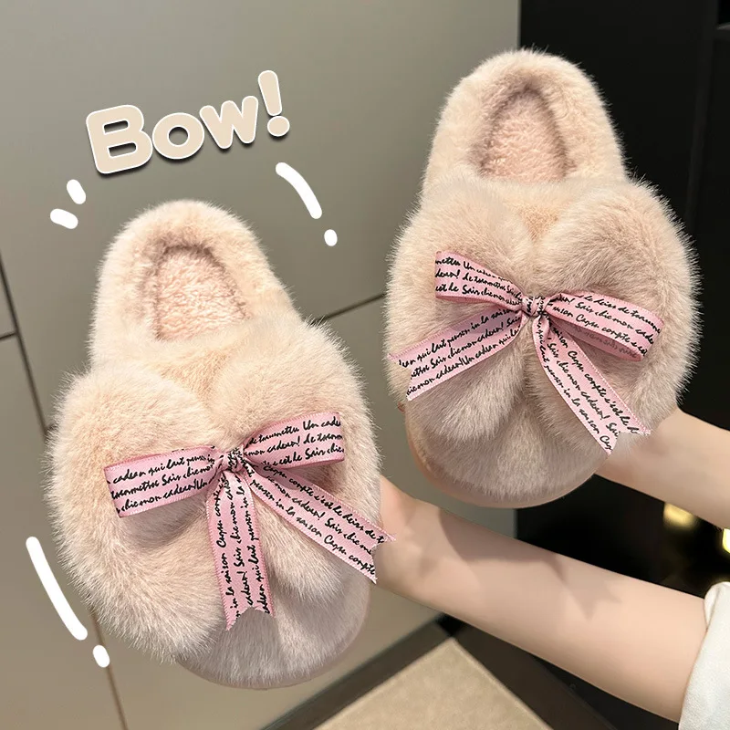 Winter Autumn Fashion Bow Cotton Slippers Women Warm Casual  Indoor Home Thick Bottom Toe Wrap Soft Sole Trendy House Shoes