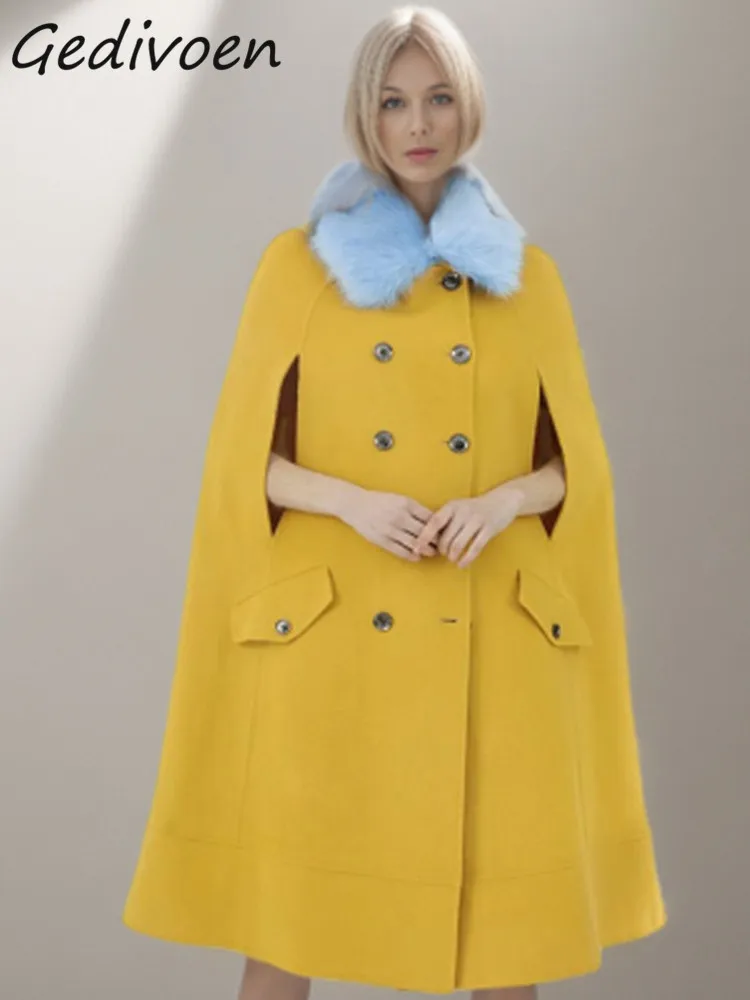 

Gedivoen Winter Fashion Designer Yellow Vintage Cloak Coats Women's Batwing Sleeve Velvet Double Breasted Loose Slim Cloak Coats