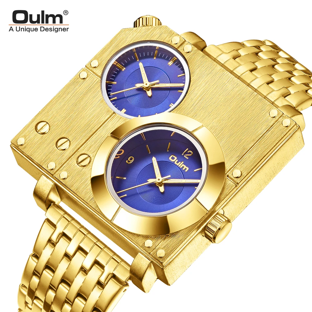 

Fashion Oulm Golden Luxury Top Brand Full Stainless Steel Big Size Quartz Clock Two Time Zone Movement Military Sports Men Watch