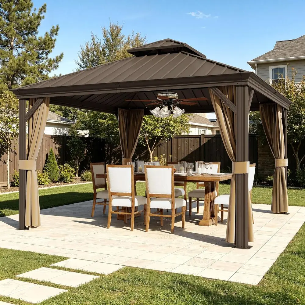 

12'x12' Hardtop Gazebo, Patio Gazebo with Galvanized Steel Double Roo, Outdoor Pavilion with Mosquito Netting and Curtains or Ga