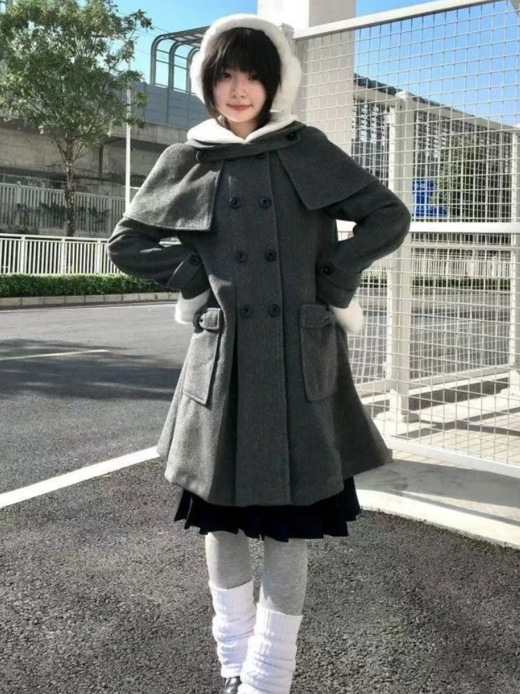 Płaszcz damski w stylu preppy, casual, vintage, luźny, szary, jesieniowy, elegancki, modny, z patchworkiem, długi rękaw, szykowny, ciepły.