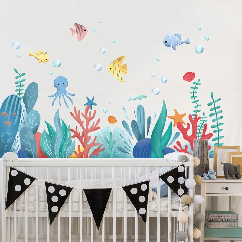 

[SHIJUEHEZI] Cartoon Fish Animal Wall Stickers DIY Seagrass Plants Mural Decals for Kids Rooms Baby Bedroom Home Decoration