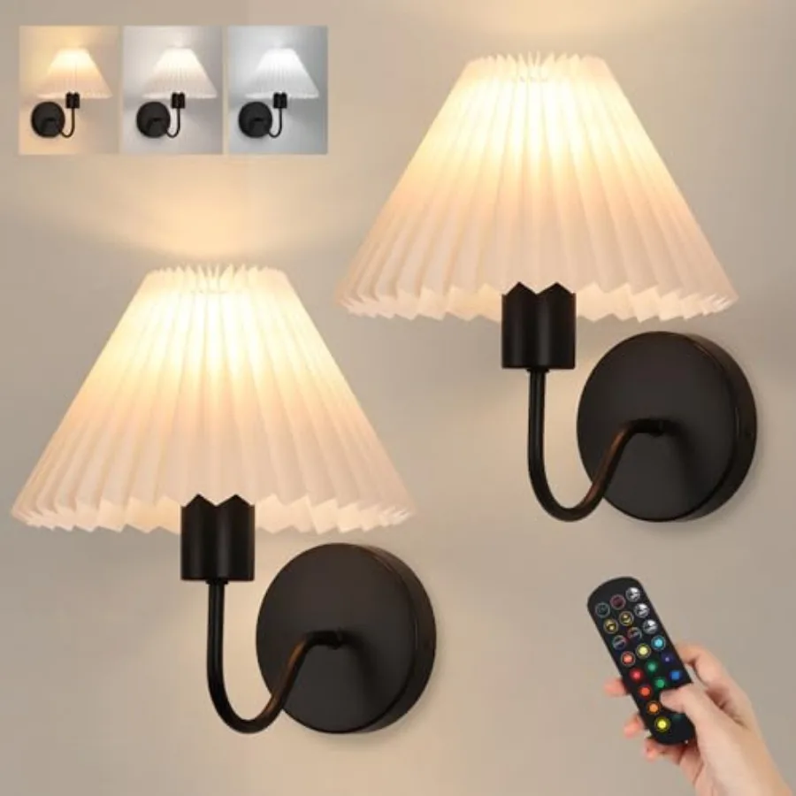 Rechargeable Battery Operated Wall Sconce Sets of 2, 15 Colors Wireless gooseneck Wall Lights Fixture with Dimmable Bulbs and R