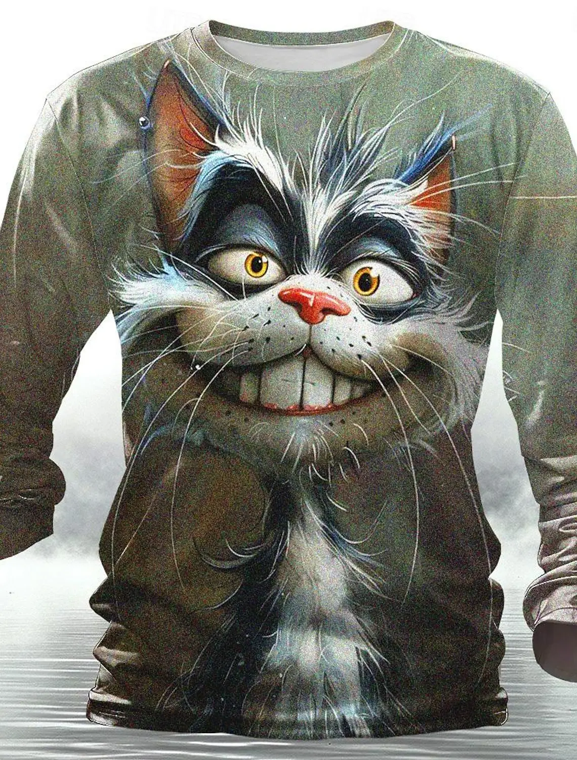Funny animal design retro men 3D printing street casual daily gray longsleeved round neck shirt spring and autumn clothing