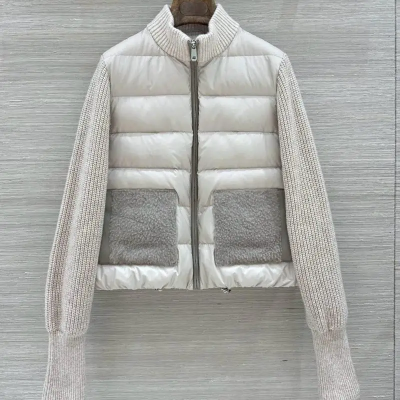 New Winter Women's Wool Pocket Stitching Genuine Leather Knitted Long Sleeve Goose Down Jacket