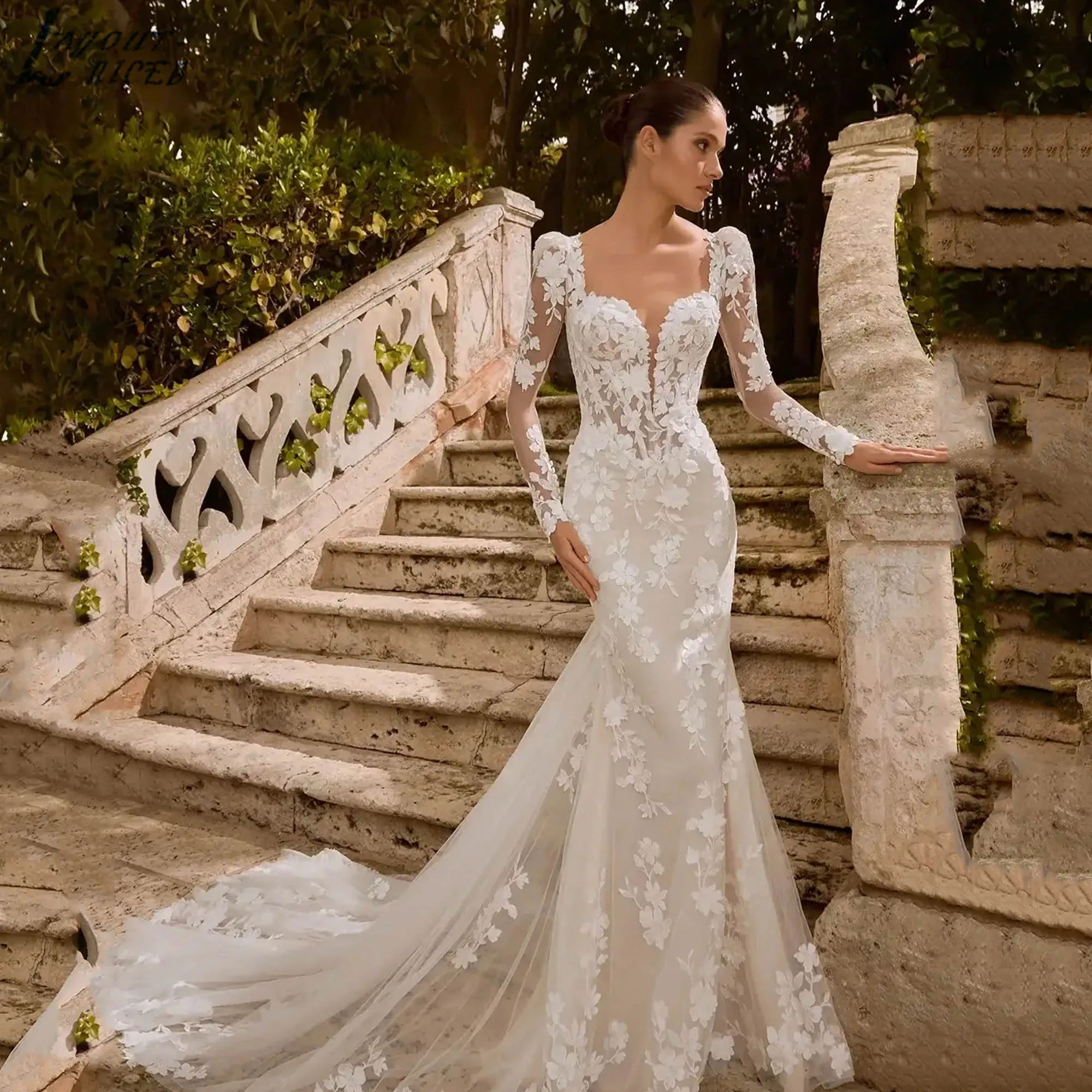 

Elegant Mermaid Gowns For Bride Long Sleeves Sweetheart Appliques Wedding Dress Luxury Backless Fit vestidos de novia Customized