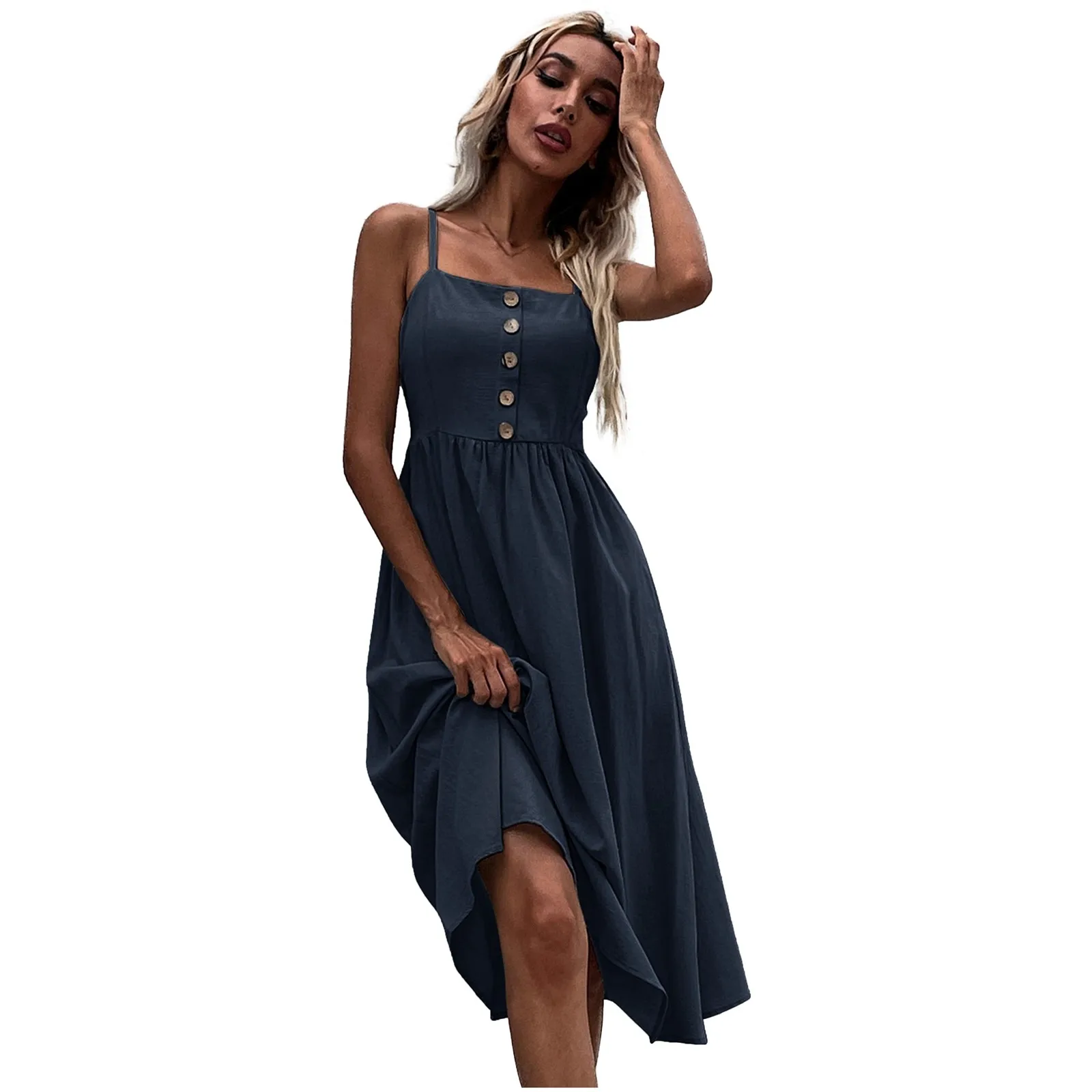 Vestido de cáñamo de algodón con cuello Halter de Color sólido para mujer, cintura alta sin mangas, tirantes finos, vestido suelto, cintura ajustada, vestido de moda