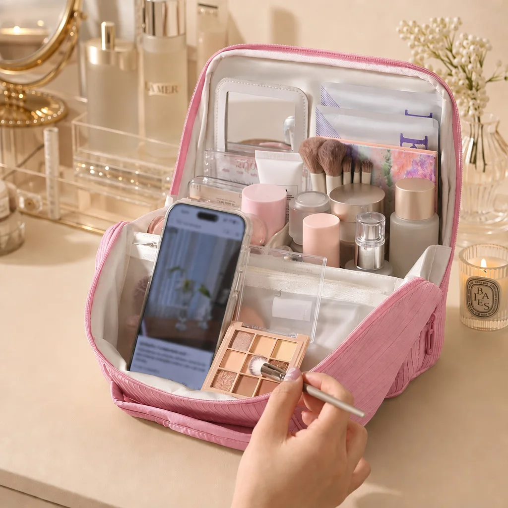 Travel compact portable standing makeup bag with mirror and compartmentalized handbag for storing makeup brushes